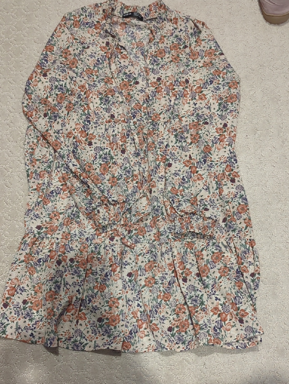 SHEIN Cream Floral Long Sleeve Tiered Dress
